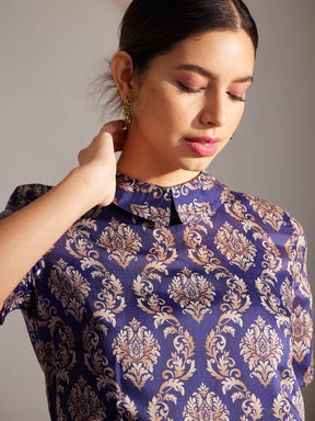 Chanderi Indian Motifs Dress - Blue