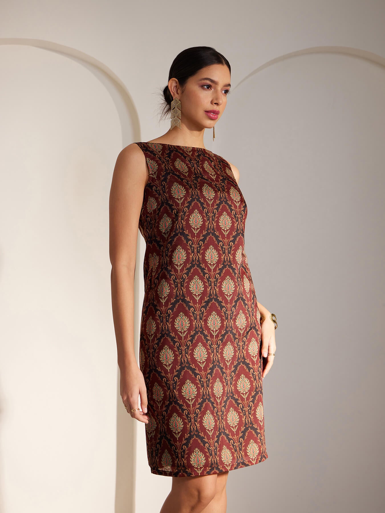 Chanderi Indian Motifs Shift Dress - Maroon