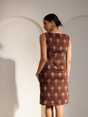 Chanderi Indian Motifs Shift Dress - Maroon