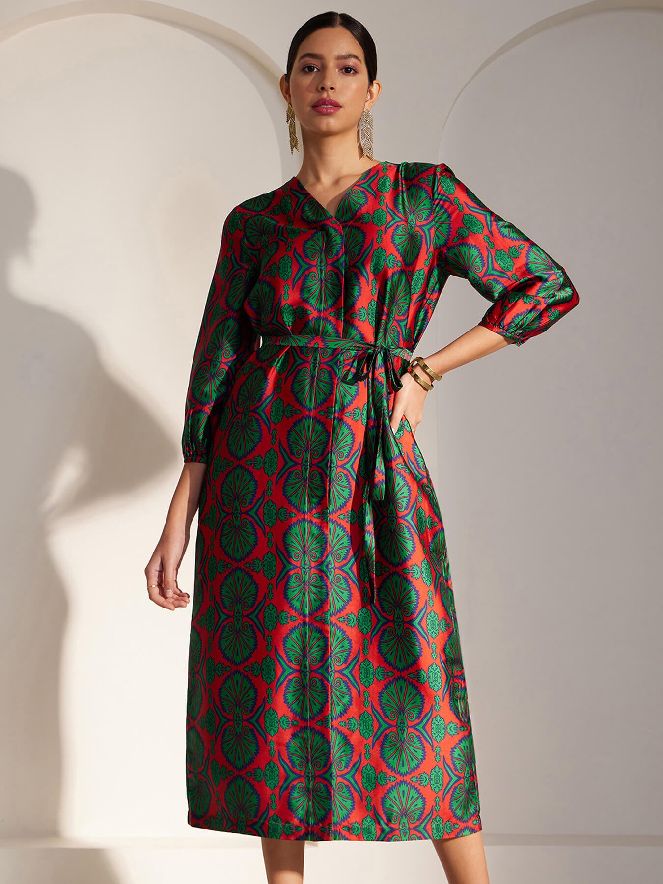 Satin Indian Motif Print Dress - Red And Green