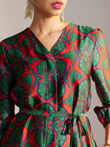 Satin Indian Motif Print Dress - Red And Green