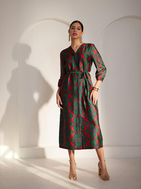 Satin Indian Motif Print Dress - Red And Green