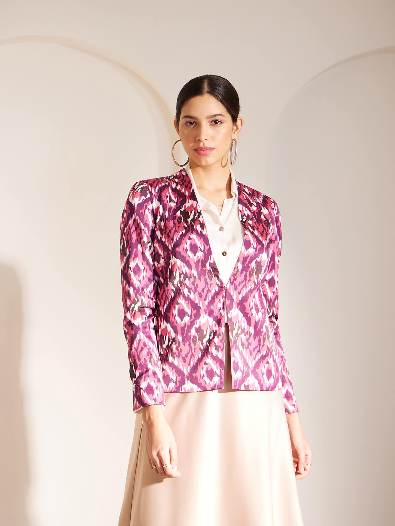 Satin Ikkat Print Jacket - Pink And Purple