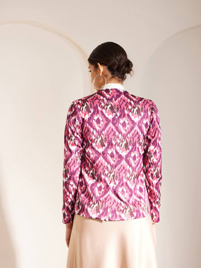 Satin Ikkat Print Jacket - Pink And Purple