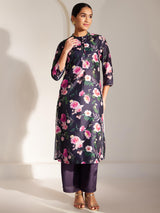 Chanderi High Slit Kurta And Trousers Co-ord Set - Navy Blue