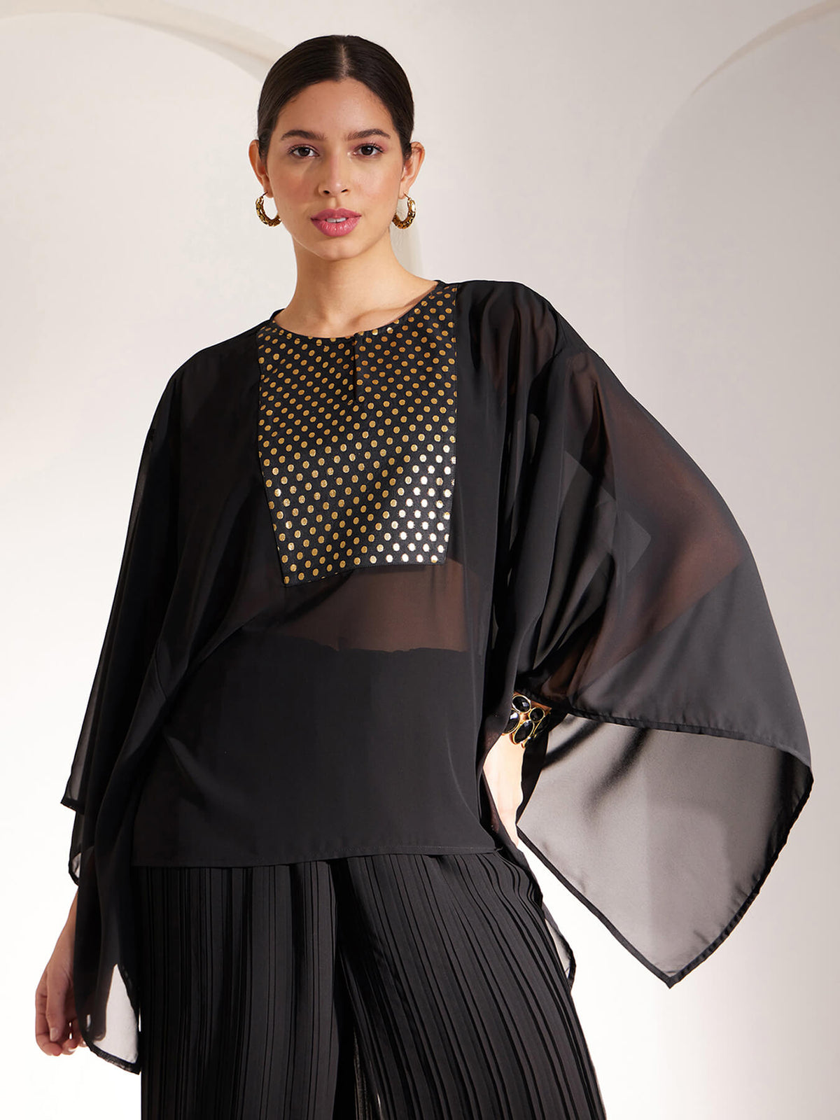 Brocade Panel Kaftan Top - Black And Gold