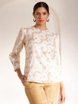 Brocade Crew Neck Woven Top - White And Gold