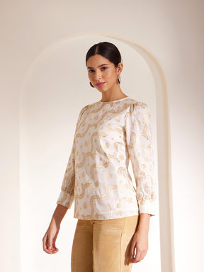 Brocade Crew Neck Woven Top - White And Gold