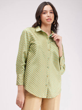 Brocade Geometric Print Shirt - Green And Gold