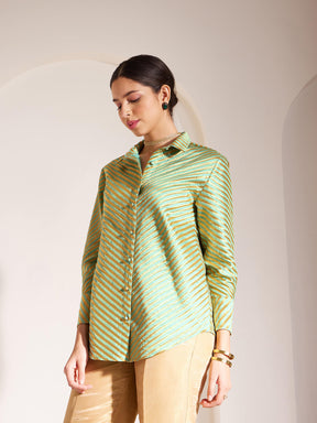 Brocade Geometric Print Shirt - Green And Gold