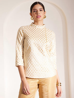 Brocade Floral Woven Top - Off White And Gold