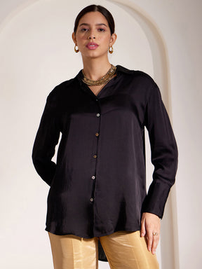 Luxe Satin Collared Shirt - Black