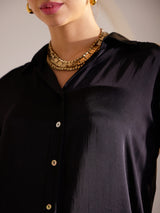 Luxe Satin Collared Shirt - Black