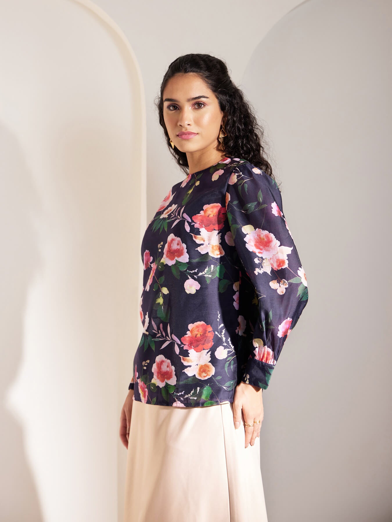 Chanderi Crew Neck Floral Top - Navy Blue And Multicolour