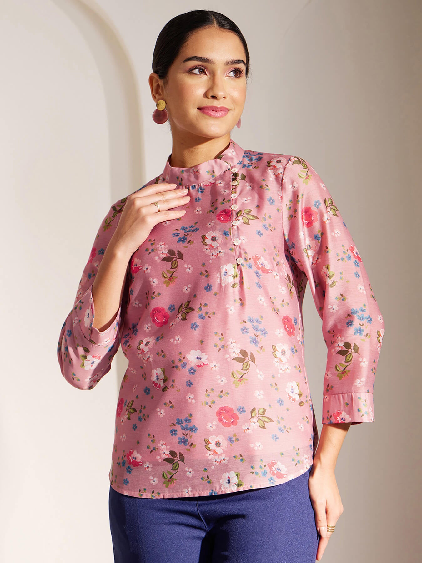 Chanderi High Neck Top - Pink