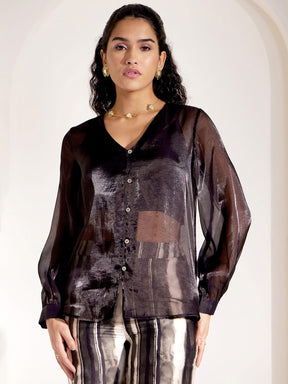 Organza V-Neck Shirt - Black