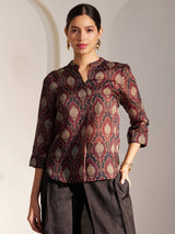 Chanderi Indian Motifs Pleated Top - Maroon