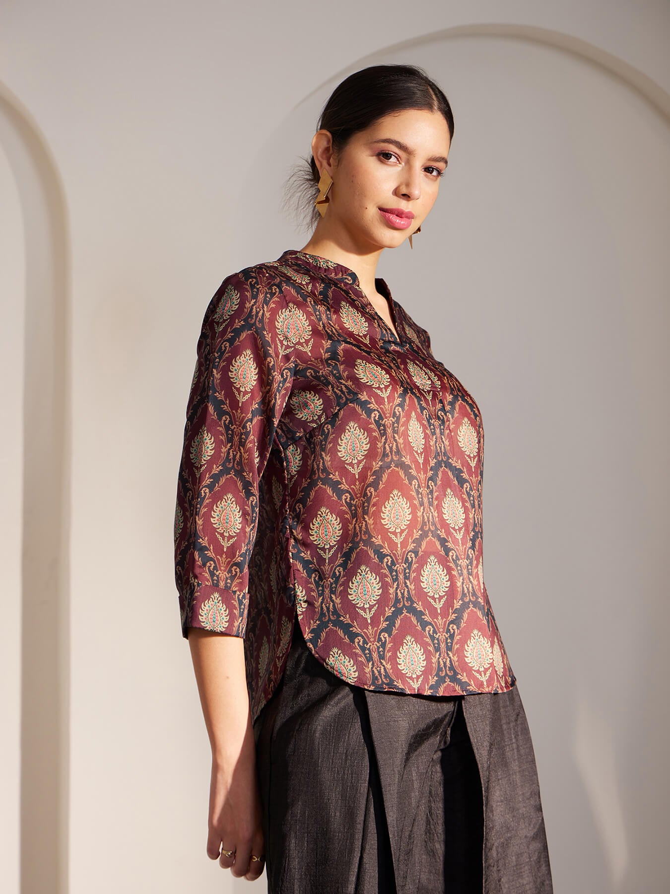 Chanderi Indian Motifs Pleated Top - Maroon