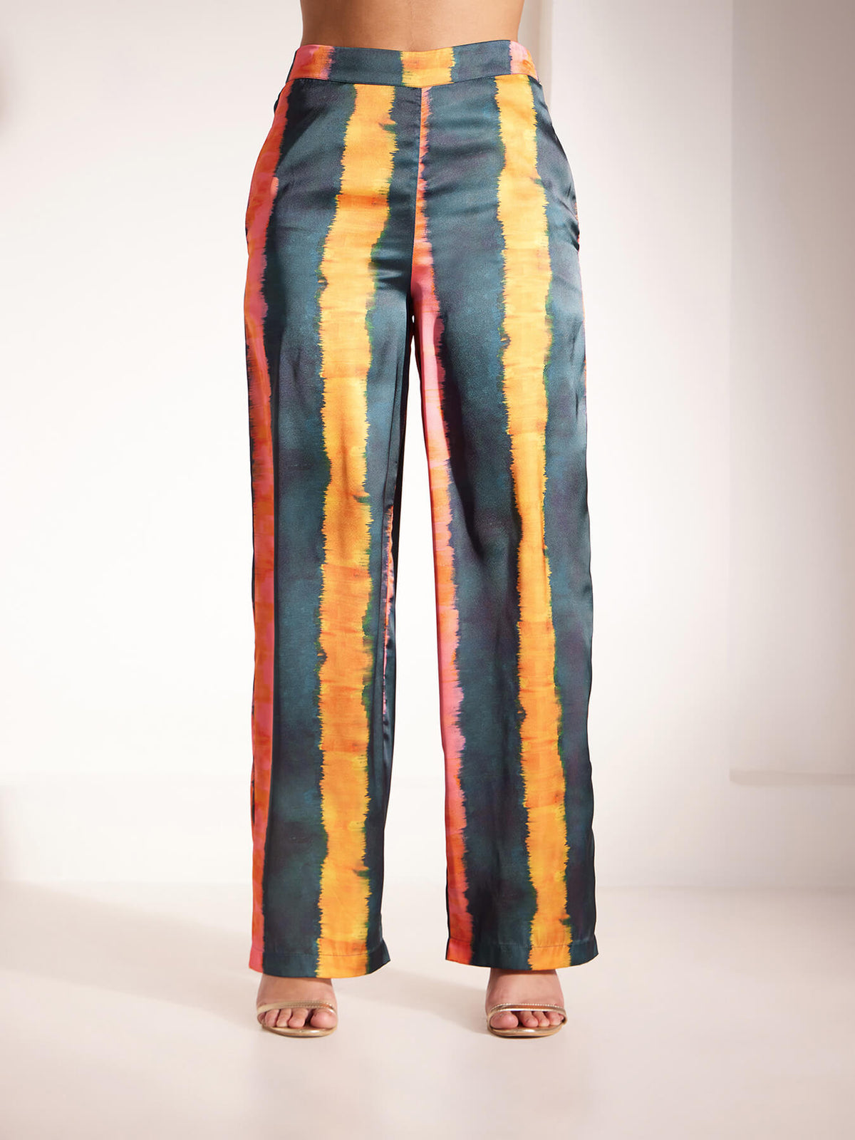 Satin Abstract Print Trousers - Multicolour