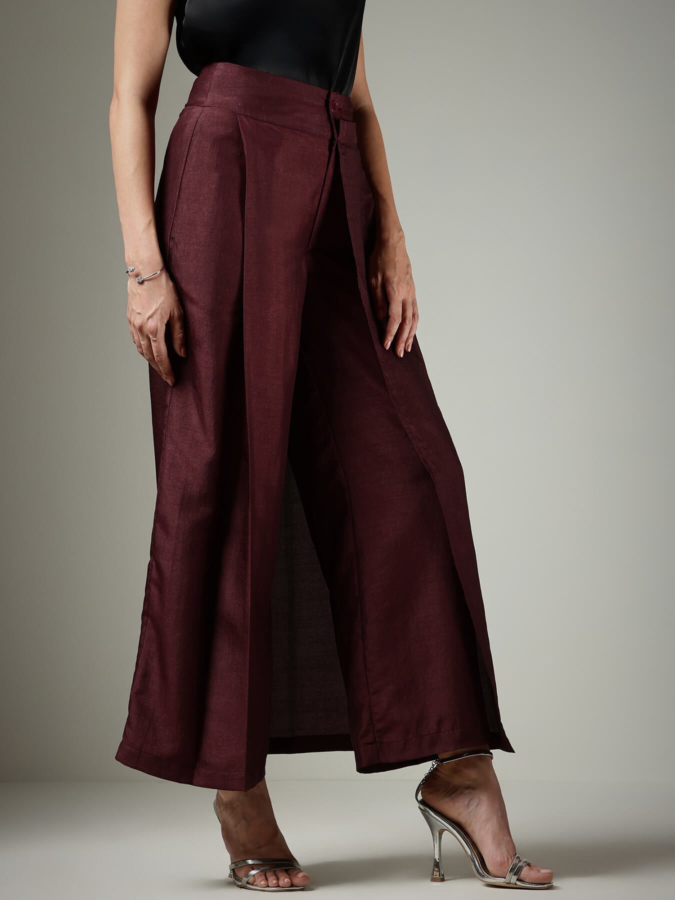 Silk Wide-Leg Trousers - Burgundy