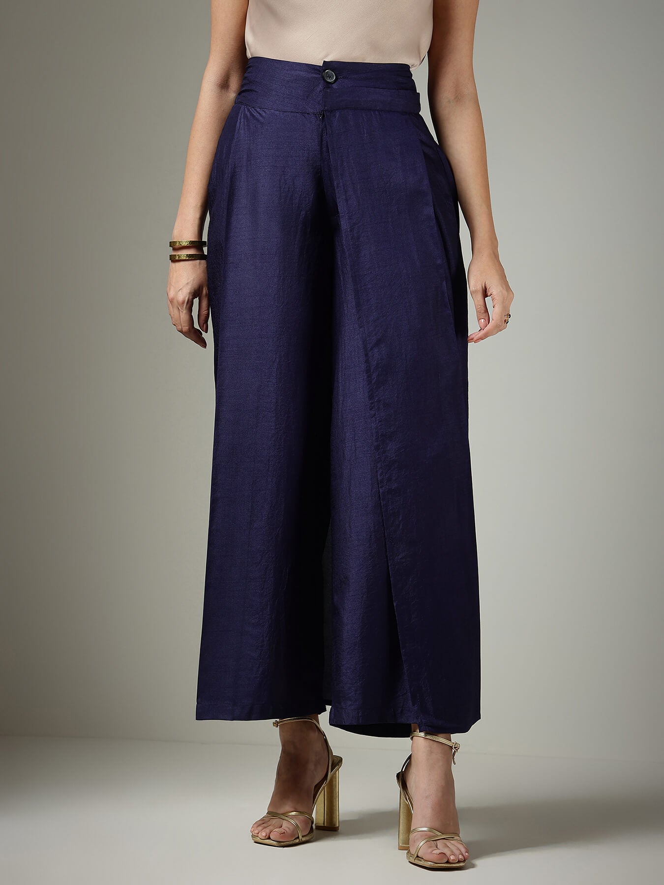 Silk Wide-Leg Trousers - Navy Blue