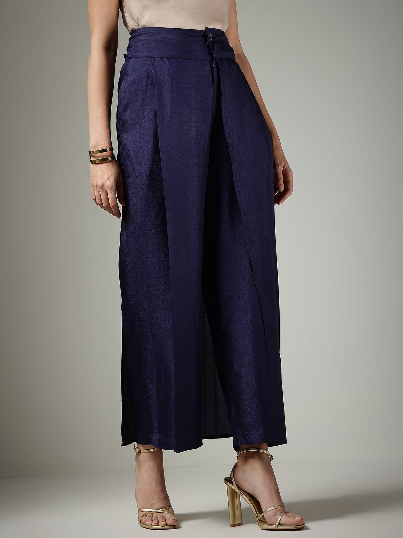 Silk Wide-Leg Trousers - Navy Blue