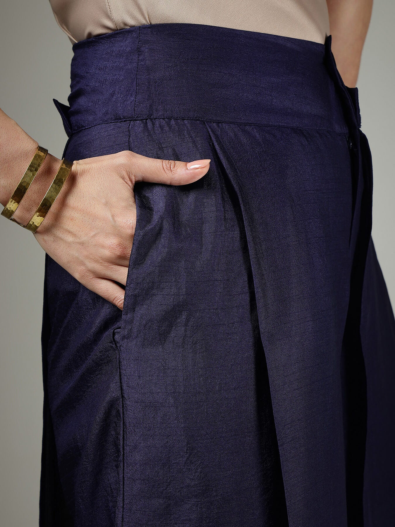 Silk Wide-Leg Trousers - Navy Blue