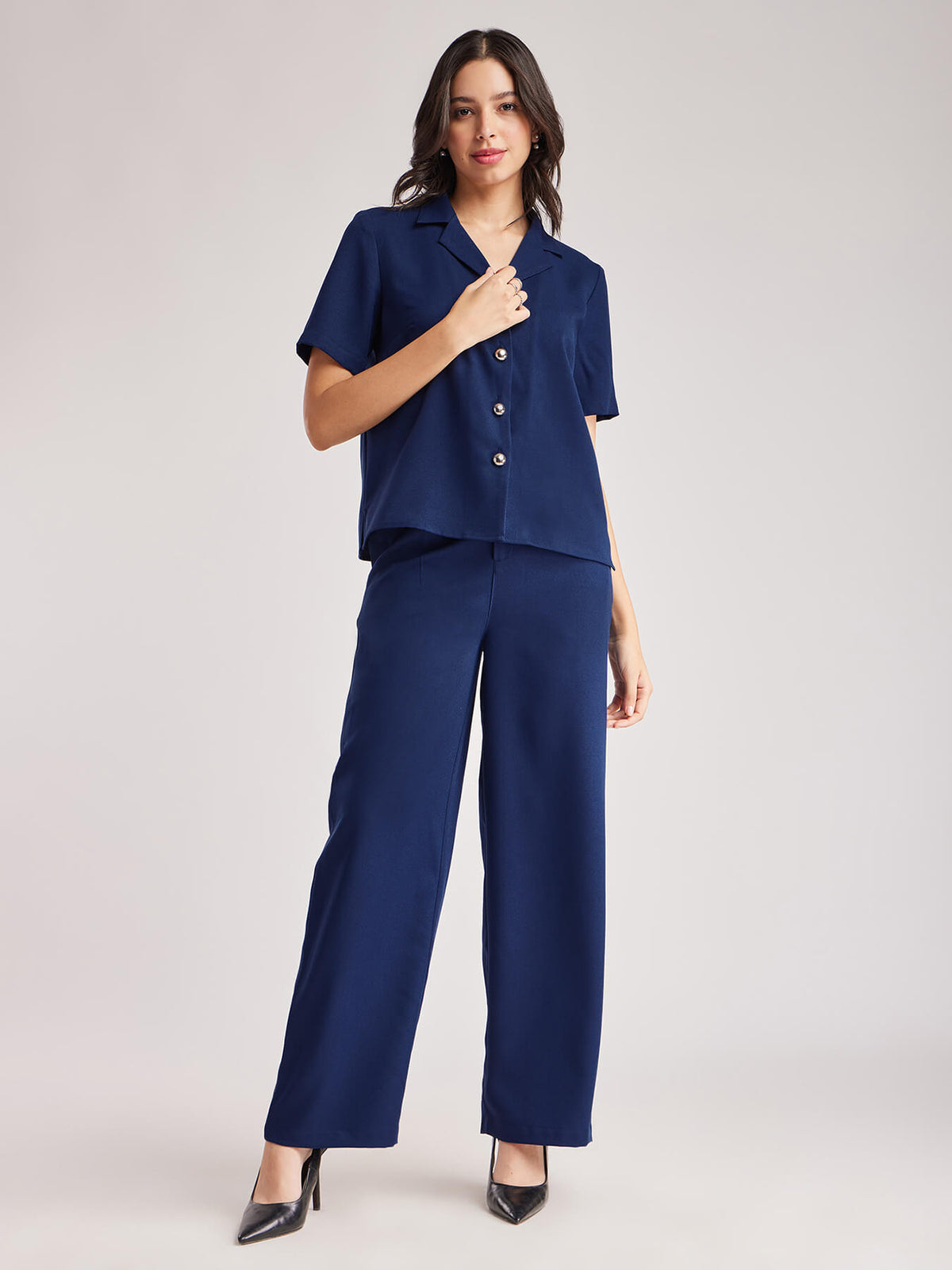 Lapel Collar Shirt And Trouser Coord - Navy Blue