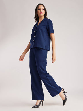 Lapel Collar Shirt And Trouser Coord - Navy Blue