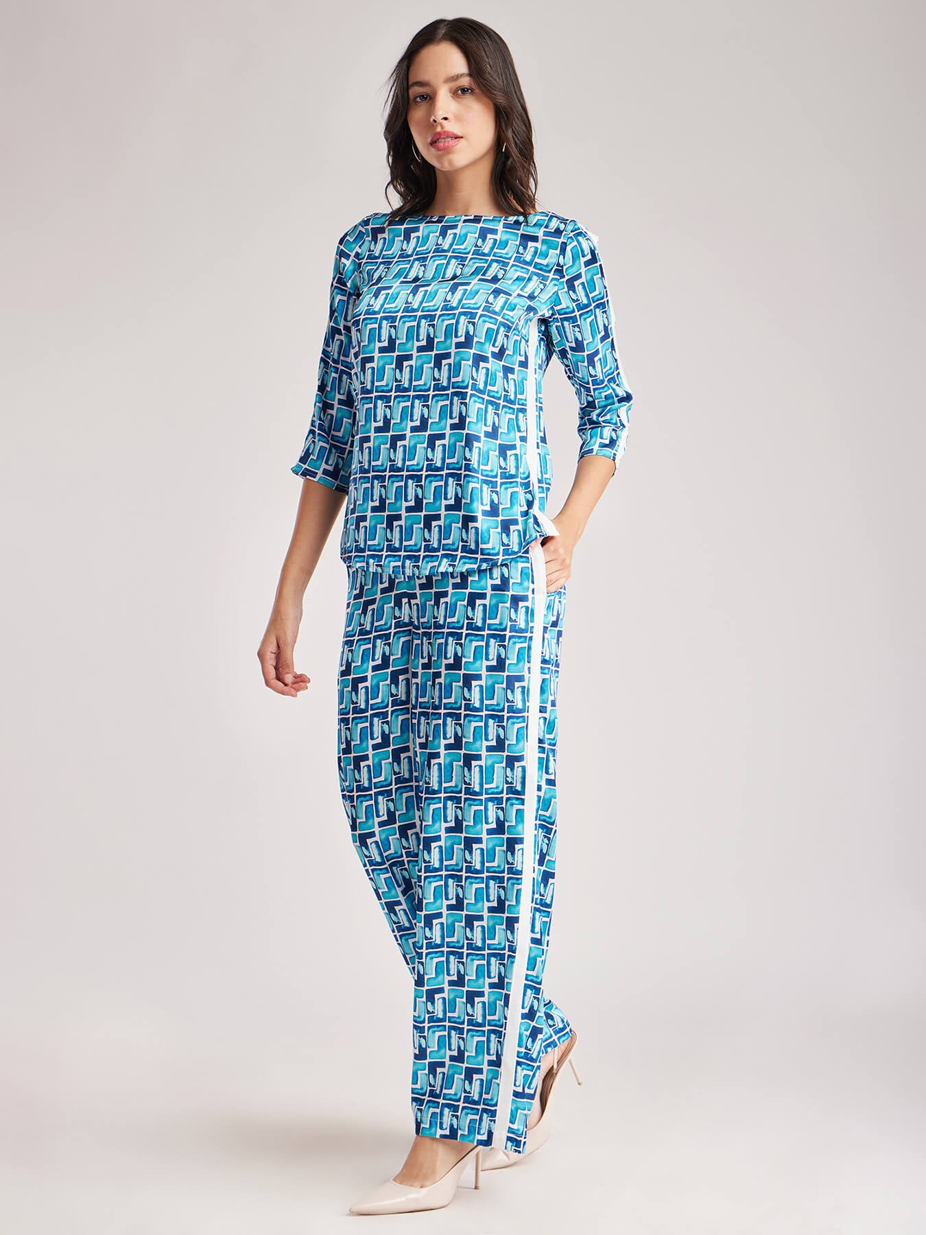 Geometric Print Top And Trouser Coord - Blue And White