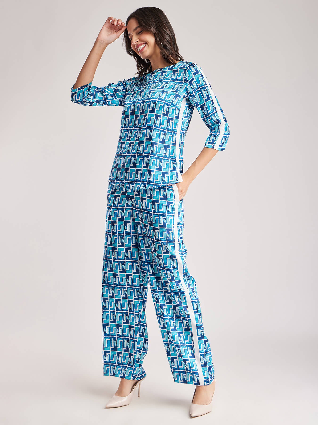 Geometric Print Top And Trouser Coord - Blue And White