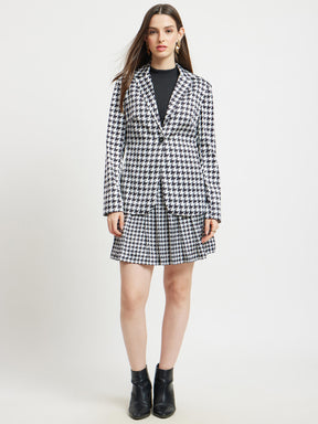 Houndstooth Print Blazer And Skirt Co-ord Set - White And Black