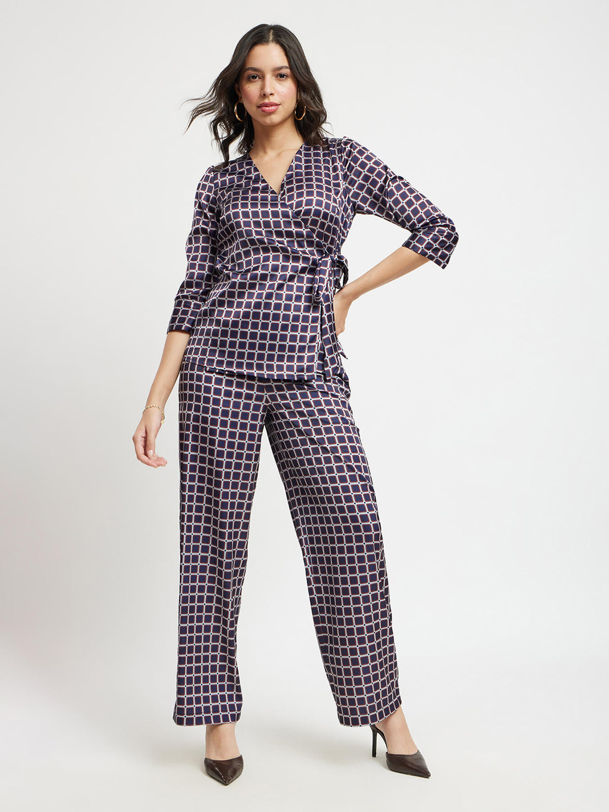 Geometric Print Wrap Top And Trousers Co-ord Set - Navy And Maroon