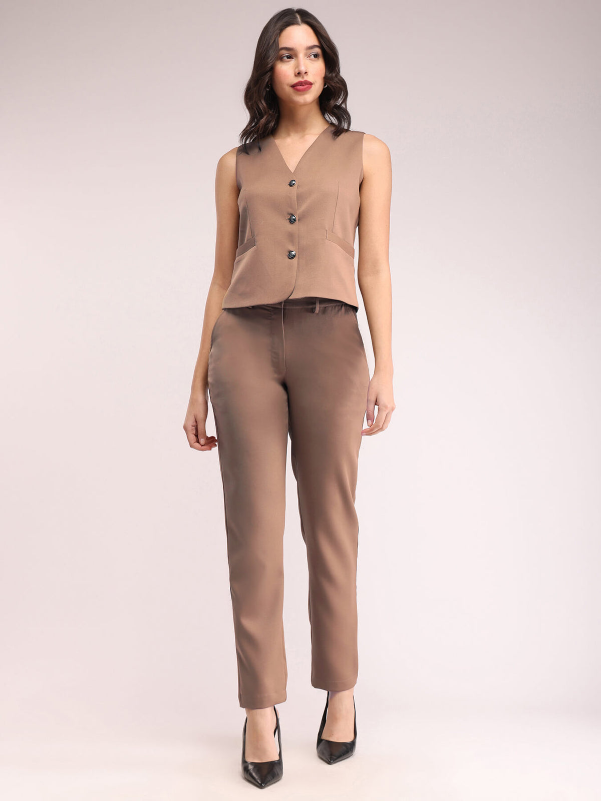 Waistcoat And Trousers Co-ord Set - Brown