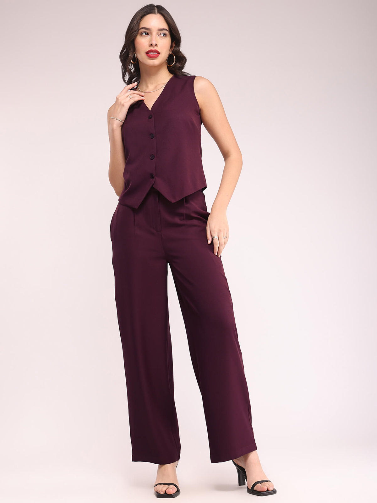 Waistcoat And Trousers Co-ord Set - Wine