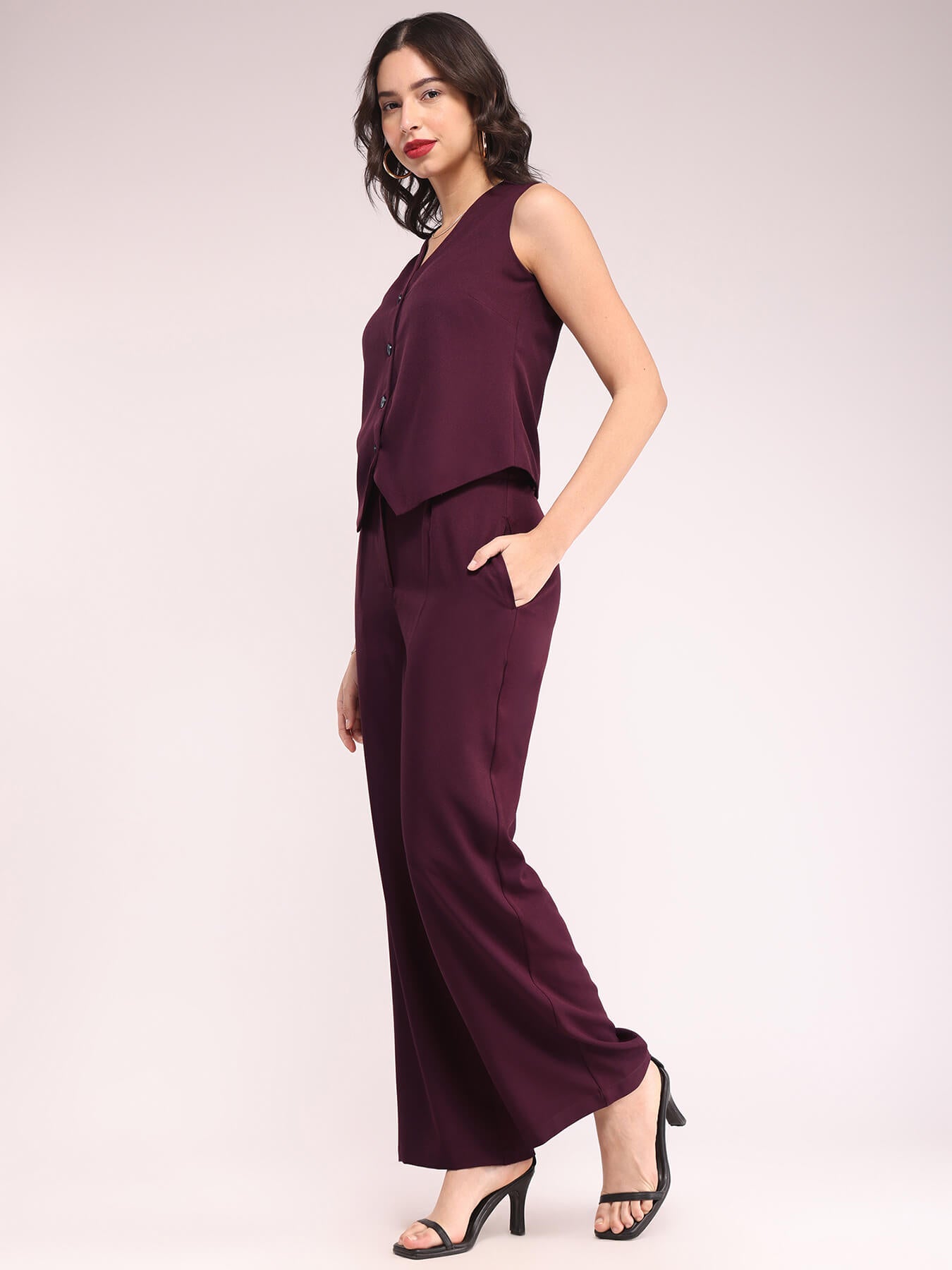 Waistcoat And Trousers Co-ord Set - Wine