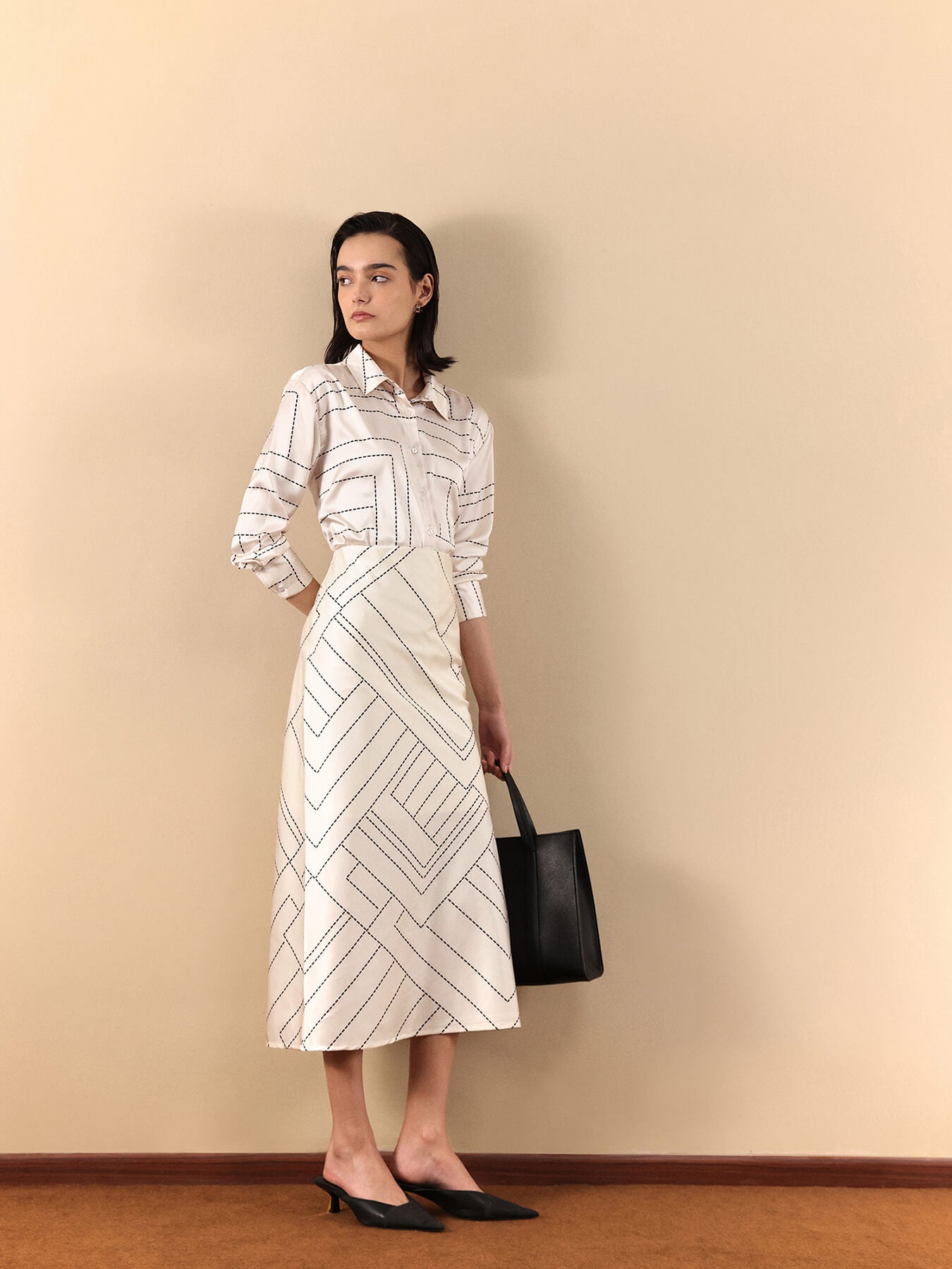 Satin Shirt And Skirt Co-ord Set - Off White And Black