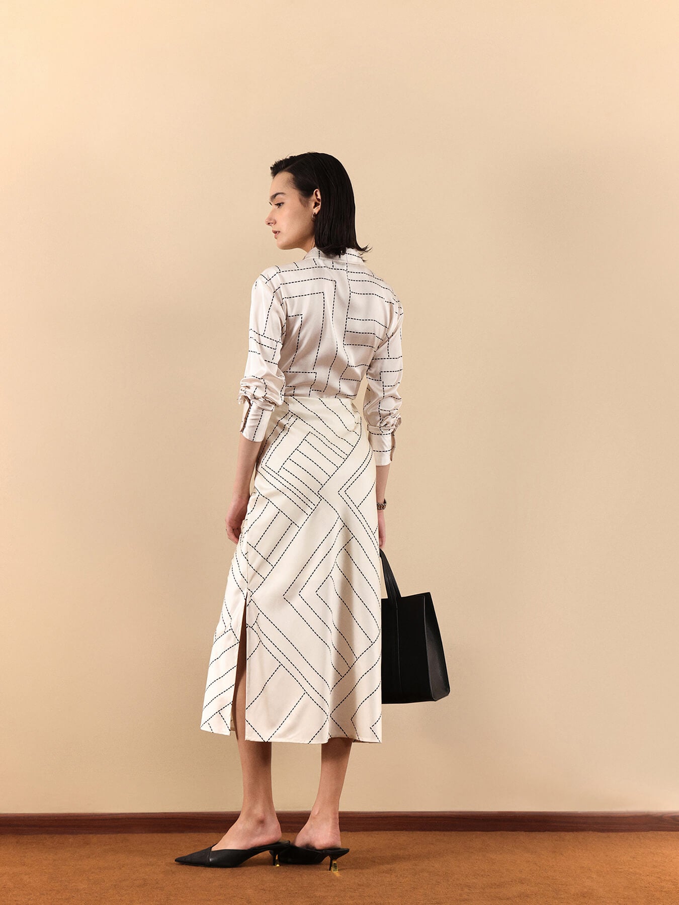 Satin Shirt And Skirt Co-ord Set - Off White And Black