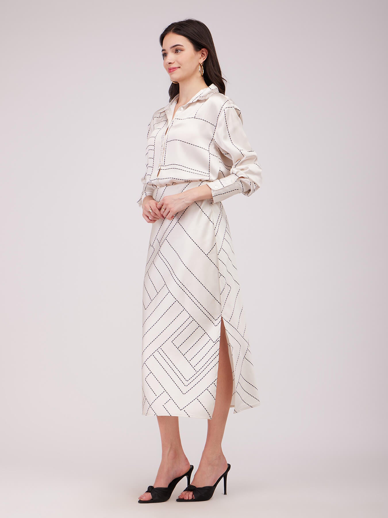 Satin Shirt And Skirt Co-ord Set - Off White And Black