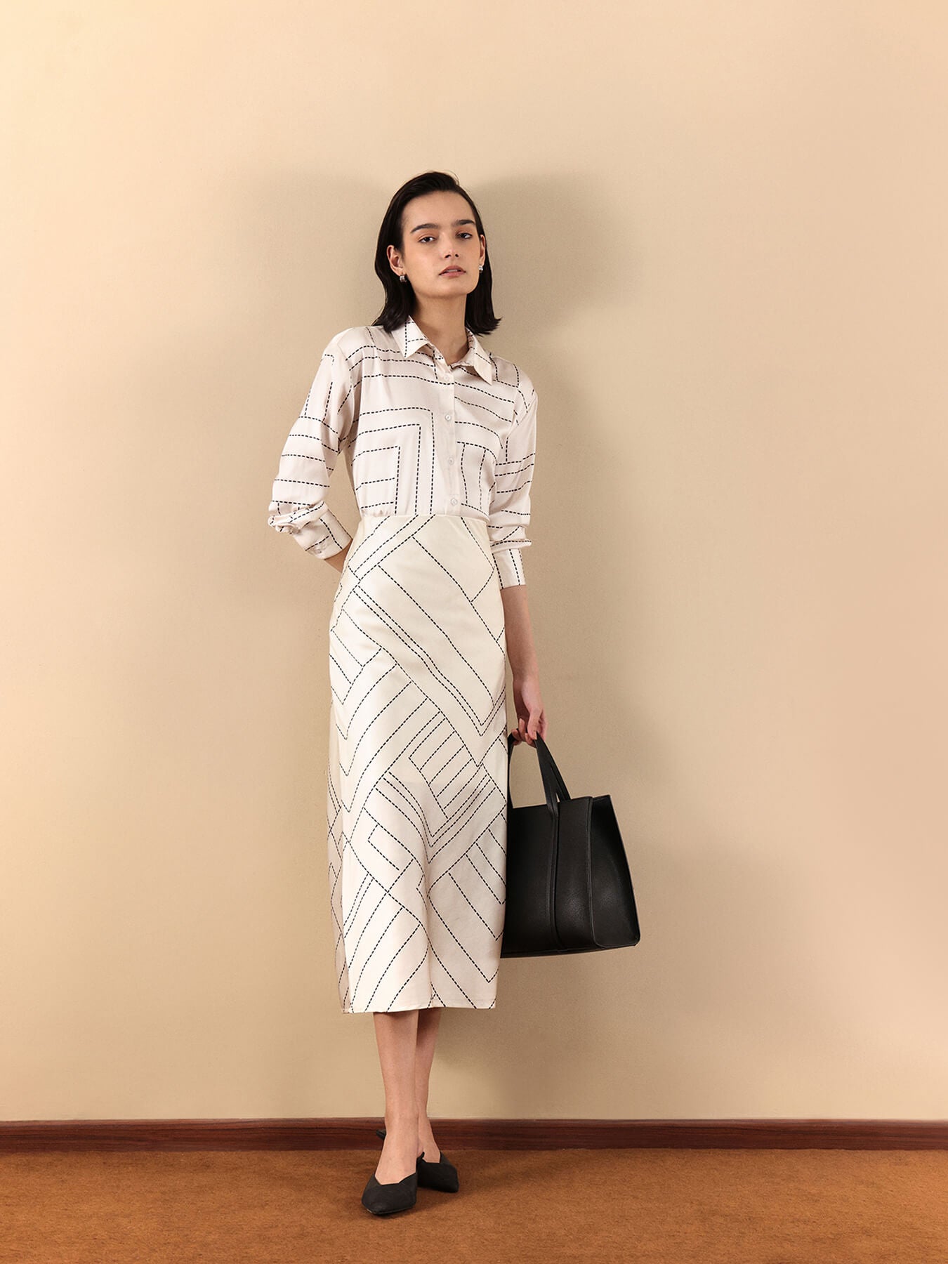 Satin Shirt And Skirt Co-ord Set - Off White And Black