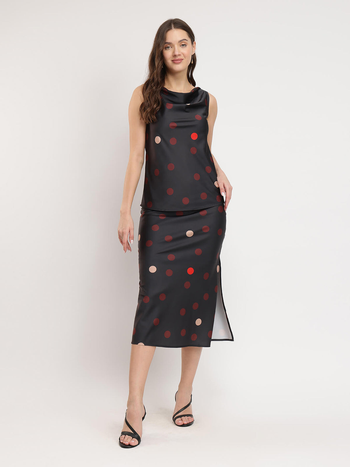 Stretchable Satin Polka Co-ord - Black