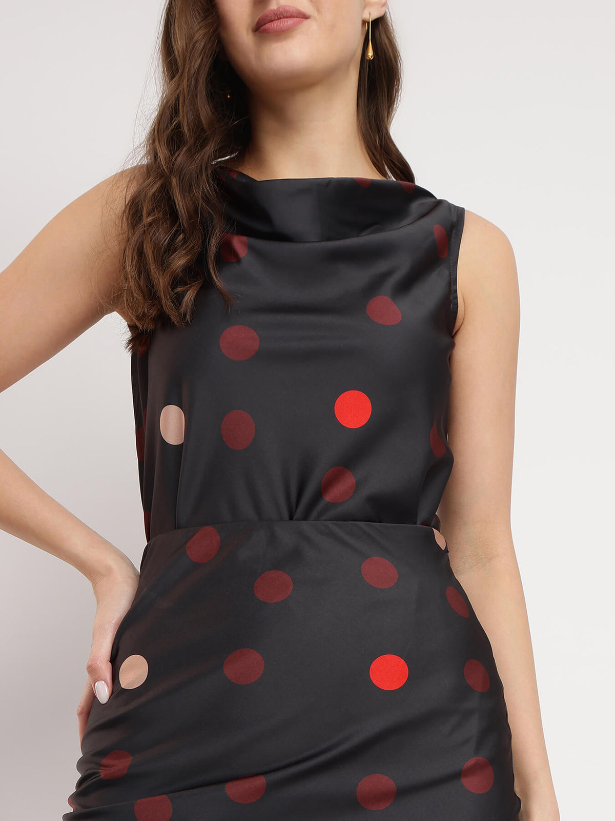 Stretchable Satin Polka Co-ord - Black