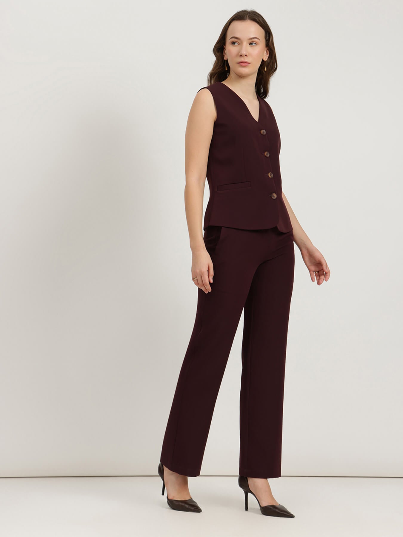 Waistcoat and Straight Fit Trousers Co-ord - Wine