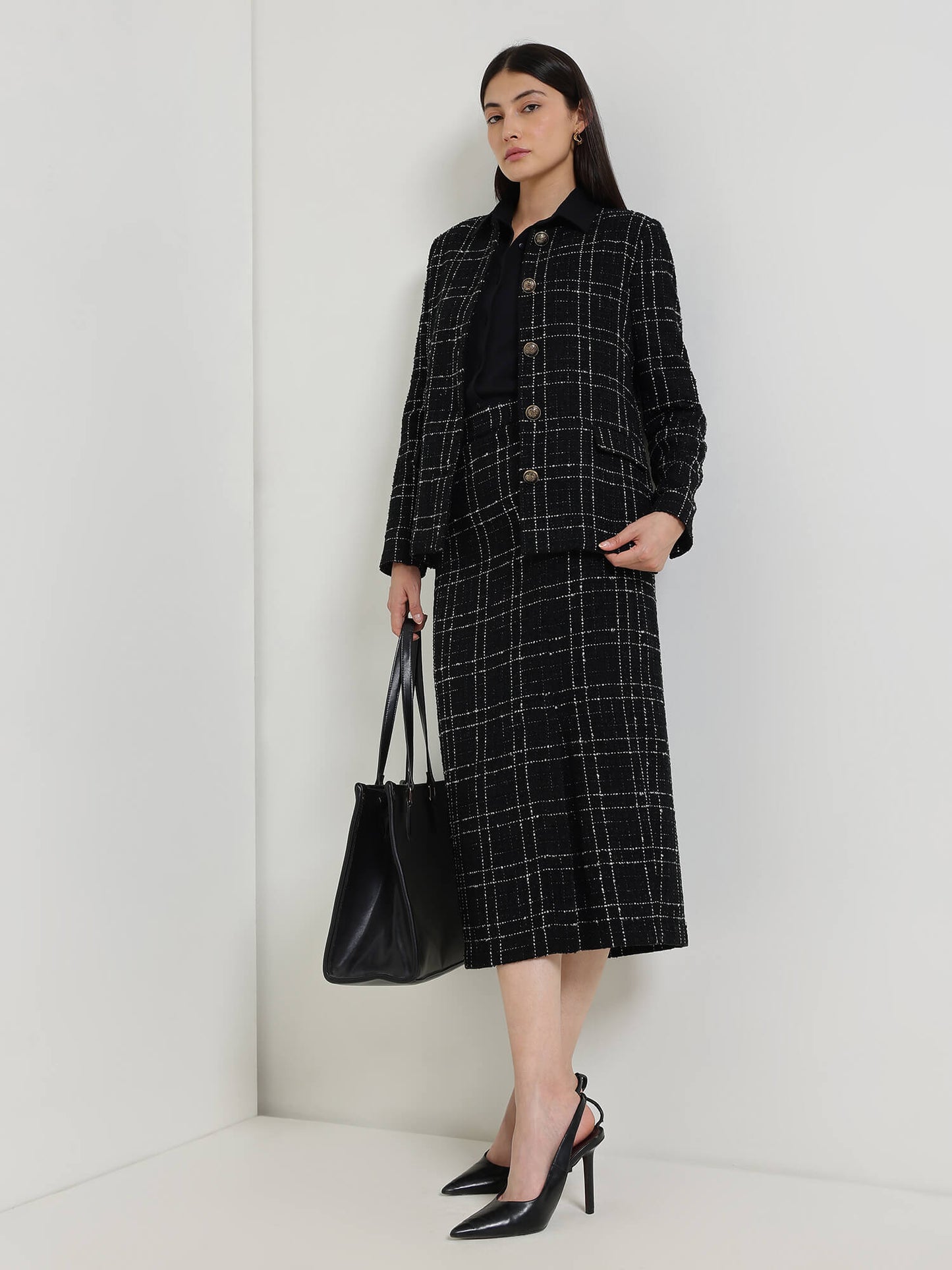 Tweed Jacket & Skirt Coord Set - Black