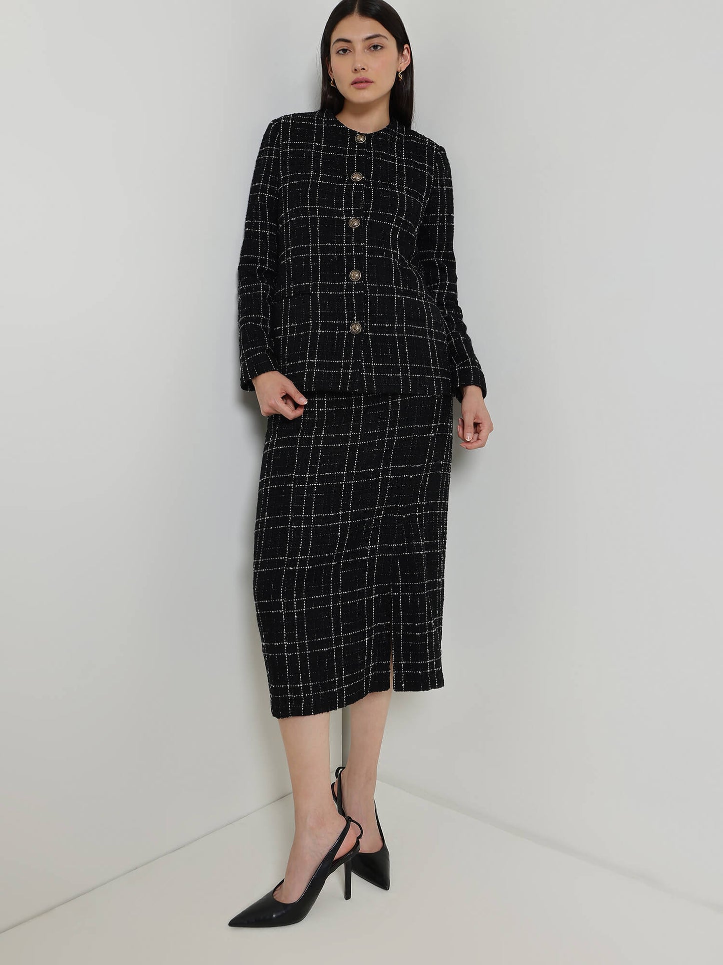 Tweed Jacket & Skirt Coord Set - Black