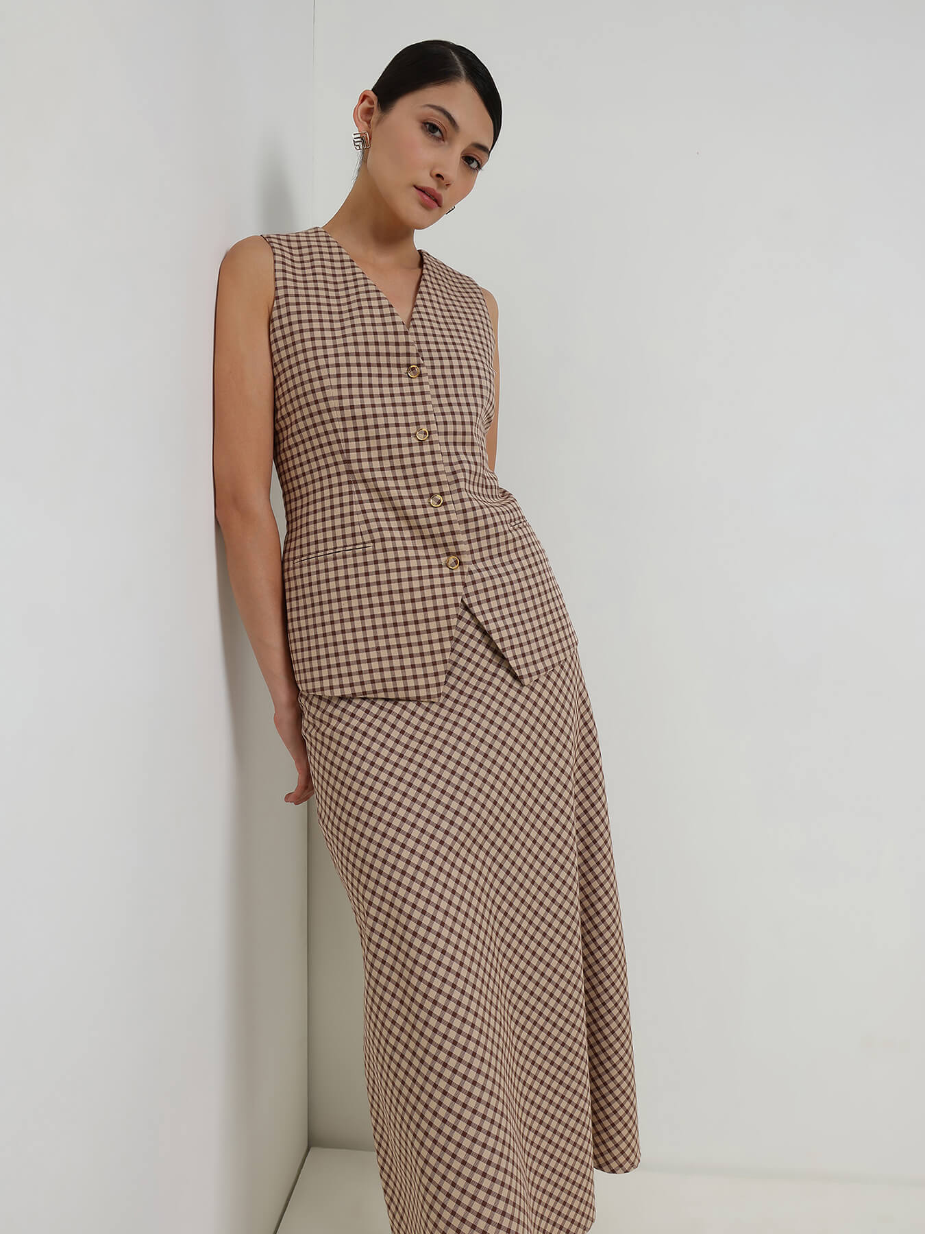 Cotton Gingham Waistcoat Coord - Beige