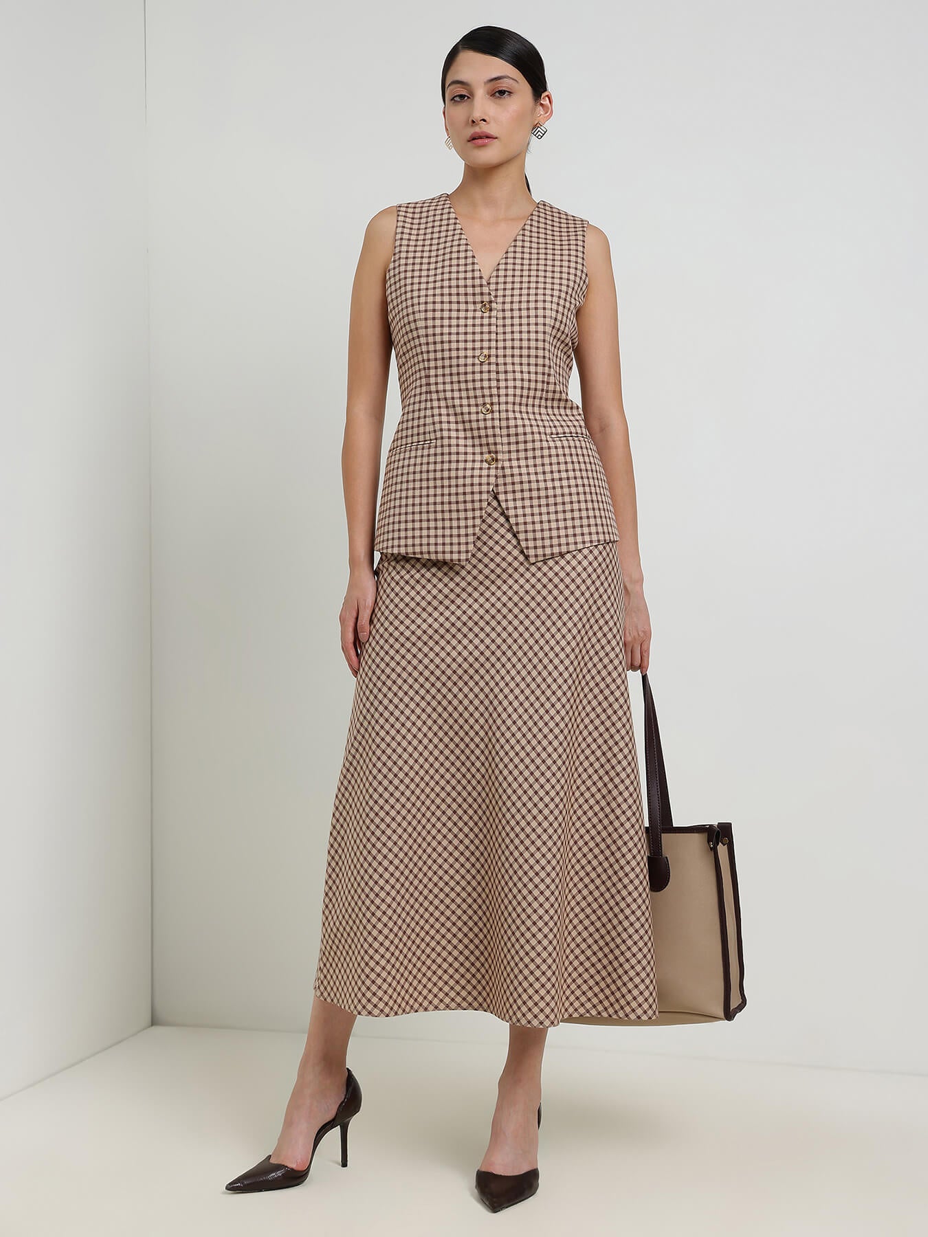 Cotton Gingham Waistcoat Coord - Beige