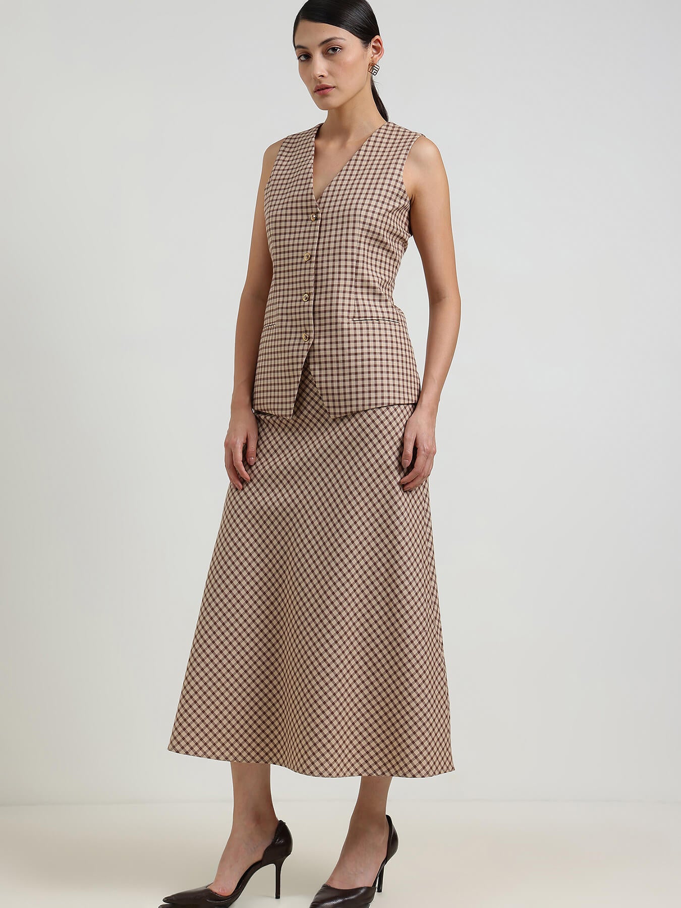 Cotton Gingham Waistcoat Coord - Beige