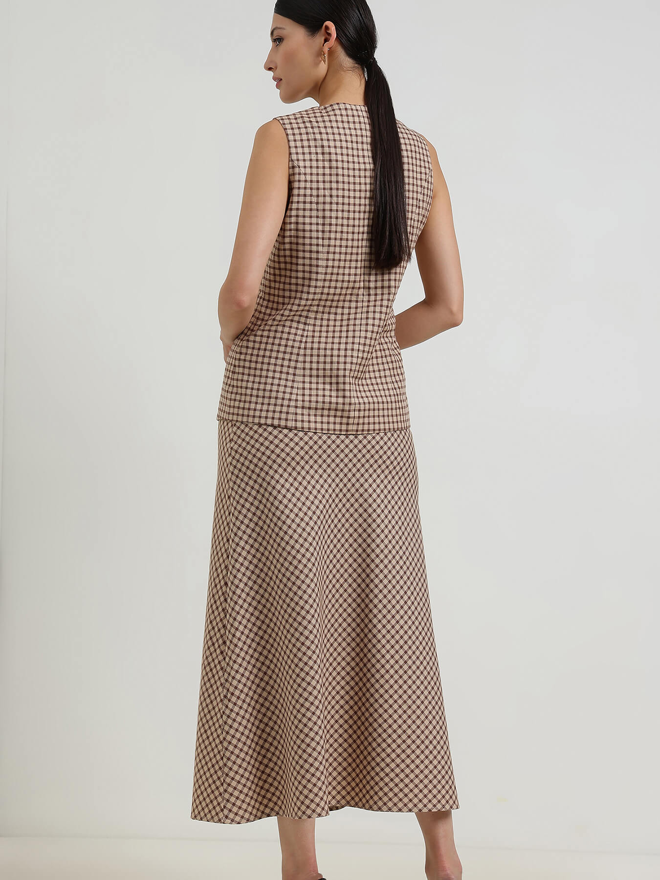 Cotton Gingham Waistcoat Coord - Beige