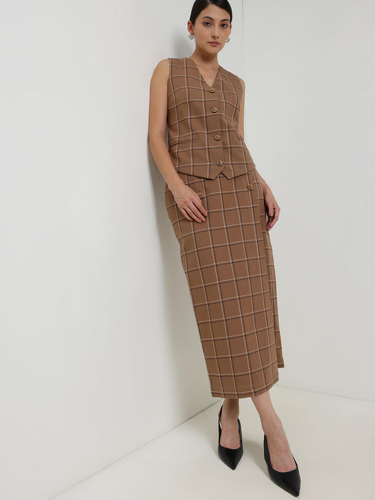 Cotton Plaid Waistcoat Coord - Brown